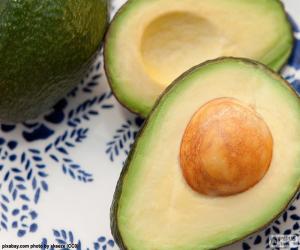 Puzzle de Aguacate o palta, fruto entero y fruto partido por la mitad con la semilla