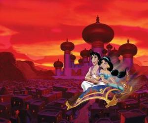 Puzzle de Aladdín y la princesa Jasmine en la alfombra voladora