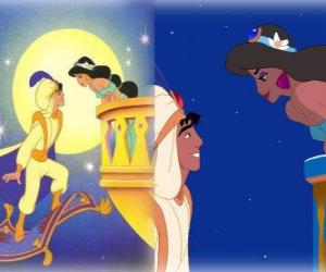 Puzzle de Aladín en la alfombra voladora hablando con Jasmine bajo la luz de la luna llena