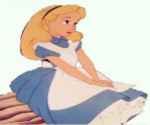 Puzzle de Alicia en el país de las maravillas sentada encima de una gran seta