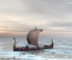 Puzzle de Barco vikingo o drakkar con todos los remeros en acción y la vela hinchada por el viento