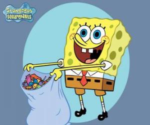 Puzzle de Bob Esponja con un saco de caramelos