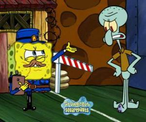 Puzzle de Bob Esponja disfrazado de policía pide un pase a Calamardo