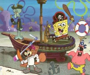 Puzzle de Bob Esponja y algunos de sus amigos jugando a ser piratas