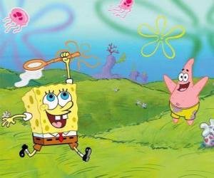 Puzzle de Bob Esponja y Patricio Estrella intentando pescar medusas en Fondo de Bikini