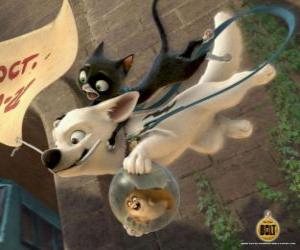 Puzzle de Bolt saltando junto con Mittens y Rhino - Rayo saltando con Guantes y Rino