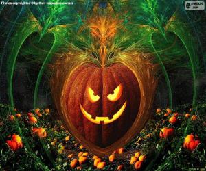 Puzzle de Calabaza típica de la celebración, vaciada y con una cara monstruosa para ser iluminada con una vela
