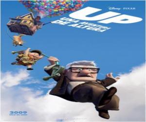 Puzzle de Carl y Russell volando por el cielo agarrados al cable que cuelga de la casa voladora