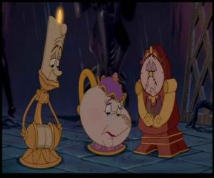 Puzzle de El candelabro Lumiere, la tetera señora Potts y el reloj Din Don tristes viendo el fatal desenlace