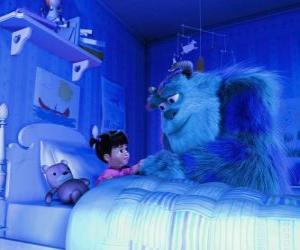 Puzzle de El monstruo Sulley visitando a su amiga Boo en la habitación de su casa en el mundo de los humanos