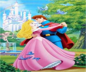 Puzzle de El príncipe y la princesa, Felipe y Aurora, bailando enamorados en el jardín