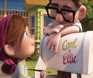 Puzzle de Ellie pintando el buzón de su casa ante la atenta mirada de un joven Carl Fredricksen