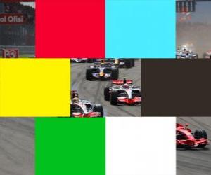 Puzzle de En F1 las banderas según el color indican: roja, interrupción de la carrera; azul, aviso conductor con vuelta perdida; amarilla, peligro; negra, conductor excluído; verde, fin peligro; blanca, vehículo muy lento