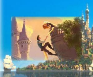 Puzzle de Flynn escalando hasta lo alto de la torre usando la larga cabellera de Rapunzel como una cuerda