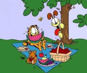 Puzzle de Garfield comiendo en el campo con su amigo Pookie, mientras Odie los espia