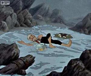 Puzzle de Gepeto junto a Fígaro y Cleo en la orilla de mar tras el naufragio