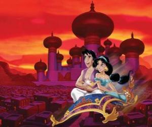 Puzzle de Jasmine y Aladín, la pareja sobrevolando la ciudad en la alfombra mágica