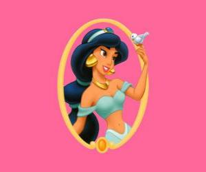 Puzzle de La cariñosa princesa Jasmín con un pajarito en la mano
