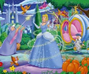 Puzzle de La hada madrina con su varita mágica viste a Cenicienta para el gran baile del príncipe