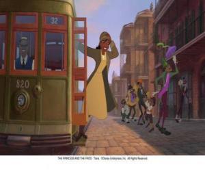 Puzzle de La joven Tiana bajando del tranvía en  Nueva Orleans