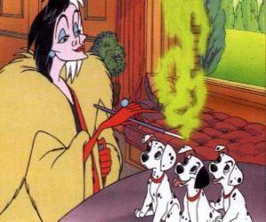 Puzzle de La malvada Cruella DeVil con tres perritos dálmatas