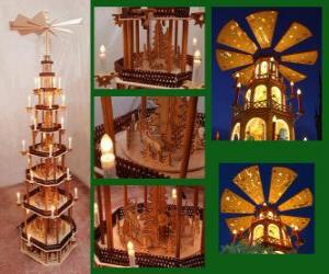 Puzzle de La Pirámide Navidad es una tradición en Alemania y la República Checa. Un pequeño carrusel de madera con hélice que gira gracias al calor de las velas, decorado con motivos navideños