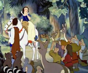 Puzzle de La Princesa Blancanieves, a lomos del Caballo del Príncipe despidiendose de los siete enanitos y los animales del bosque
