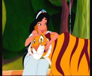 Puzzle de La Princesa Jasmine con su mascota, el tigre Rajah, en los jardines de palacio