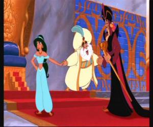 Puzzle de La Princesa Jasmine junto a su padre, el Sultán, y Jafar, en el salón del trono