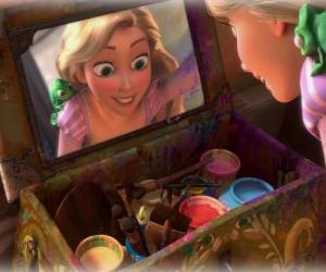 Puzzle de La princesa Rapunzel encantada con el descubrimiento de un cofre con pinturas junto a su amigo Pascal