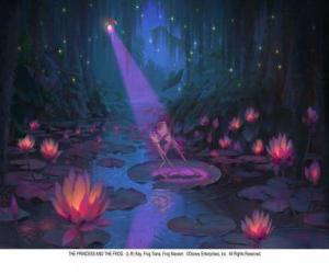 Puzzle de La rana Tiana y el sapo Naveen bailando en el estanque iluminados por la luciérnaga Ray