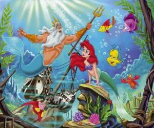 Puzzle de La sirenita Ariel hablando con su padre el rey Tritón y con sus amigos el pez Flounder y el cangrejo Sebastián