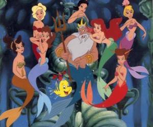 Puzzle de La sirenita Ariel hablando con su padre el rey Tritón, sus seis hermanas y sus amigos el pez Flounder y el cangrejo Sebastián