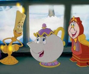 Puzzle de La tetera señora Potts, el candelabro Lumiere y el reloj Din Don