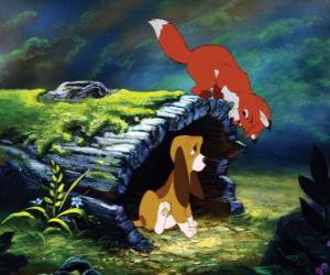 Puzzle de Los grandes amigos de la infancia, el zorro Tod y el perro cazador Toby en Tod y Toby o El zorro y el sabueso 