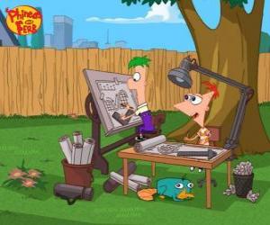 Puzzle de Los hermanos Phineas y Ferb diseñando uno de sus magnificos inventos con su mascota Perry debajo de la mesa