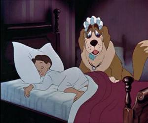 Puzzle de Michael Darling durmiendo cansado al volver de las aventuras con Peter Pan junto a su perro Nana.