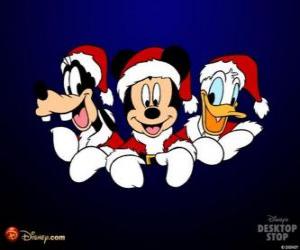 Puzzle de Mickey Mouse, Donald y Goofy vestidos de Papá Noel