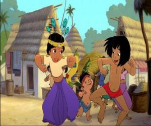 Puzzle de Mowgli y Shanti, su amiga bailando en el poblado