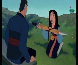 Puzzle de Mulan a su regreso a casa le trae a su padre la espada de Shan yu y el emblema del emperador.