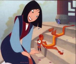 Puzzle de Mulan con el pequeño dragón Mushu y el pequeño grillo con buena suerte Cri-Kee ayudarán a Mulan a presentarse en el ejército del emperador como un muchacho llamado Ping
