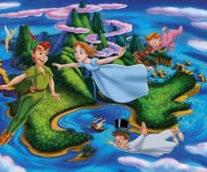 Puzzle de Peter Pan, Wendy, Michael y John volando por el cielo de el país de Nunca Jamás