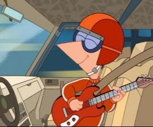 Puzzle de Phineas, tocando la guitarra, mientras conduce en una carrera de coches