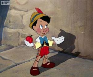 Puzzle de Pinocho contento, él es una marioneta con vida pero con el cuerpo de madera