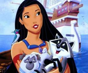 Puzzle de Pocahontas con sus amigitos y el barco del capitán John Smith al fondo