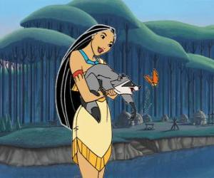 Puzzle de Pocahontas jugando con su mascota, el mapache Meeko
