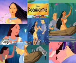 Puzzle de Pocahontas, la hija del jefe Powhatan, que se enamora del Capitán John Smith.