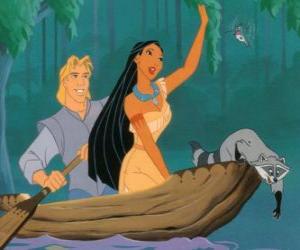 Puzzle de Pocahontas y John en canoa con su mascota Meeko