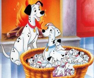 Puzzle de Pongo y Perdita junto a sus cachorros dálmata