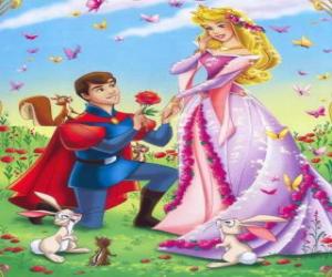 Puzzle de Príncipe Felipe de rodillas ante la princesa Aurora en la petición de mano